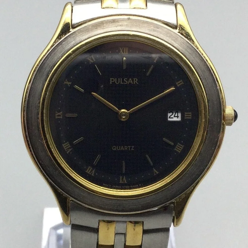 Pulsar Mens Watch 36mm Black Dial Two Tone Steel Date V729-6A00 New Battery 7